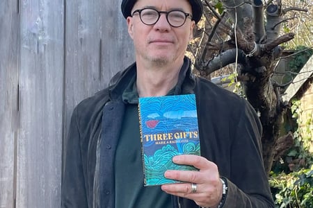 Mark Radcliffe with his book, Three Gifts.