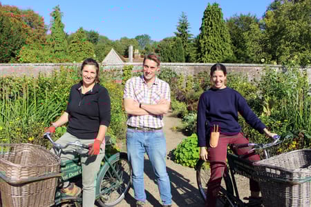 Trainee Horticulturalists Chantal Rich and Laura Mellor with Tom Brown