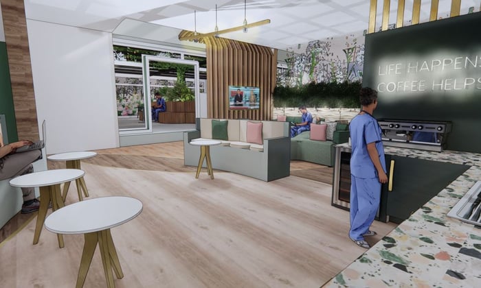 Image: Diploma HE Student Group, Studio Panacea, designed a staff lounge space for Imperial Health Trust that was implemented into Charing Cross and Hammersmith Hospital in 2022.
