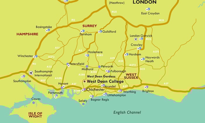 Location map of West Dean College of Arts and Conservation near Chichester