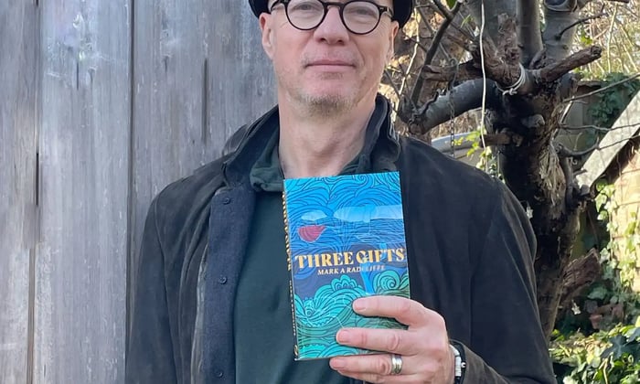 Mark Radcliffe with his book, Three Gifts.