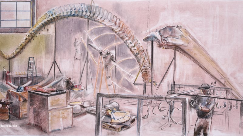 Pastel Painting preparing the metal for the Blue whale skeleton