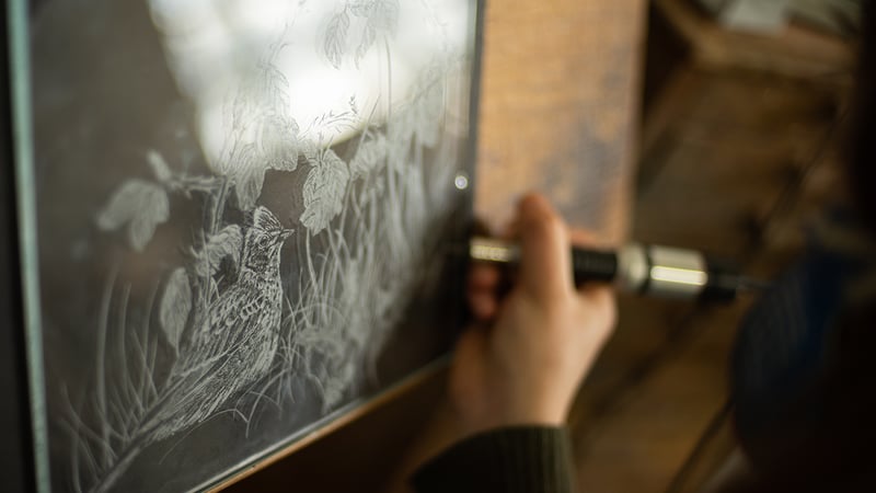 Phoebe Connolly working on Skylark test panel for Cherryburn. (Photo by Georjie Adams)