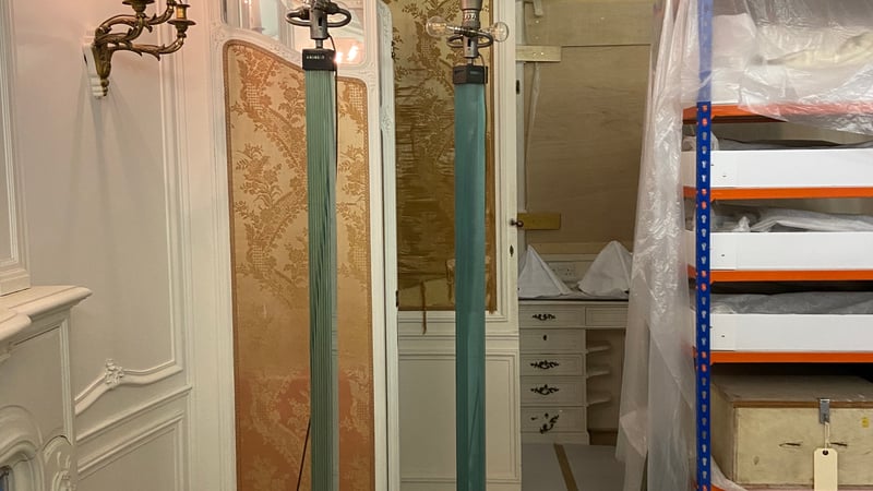 A pair of Standard Lamps with Layered Glass, Patinated Bronze, and Aluminum, designed by Jean-Michel Frank circa 1928, West Dean Collection, photo courtesy of Rose Zhou