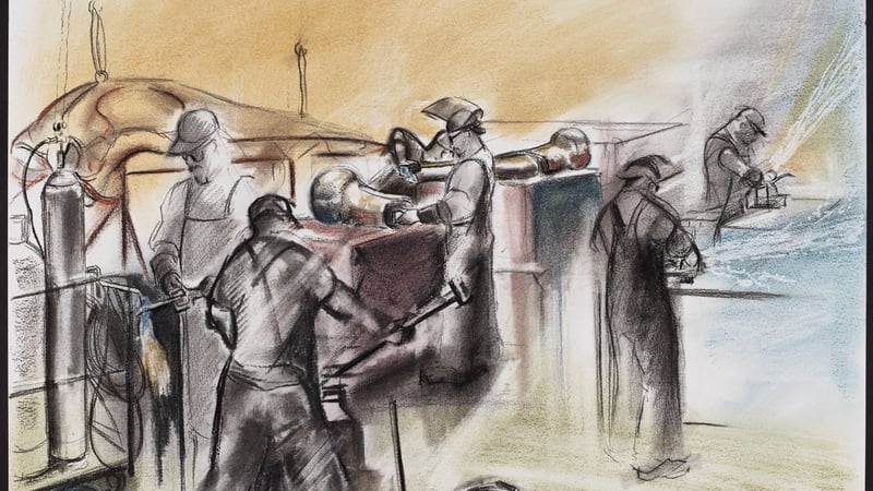 Pastel Painting The Skeleton Crew working on the Blue whale