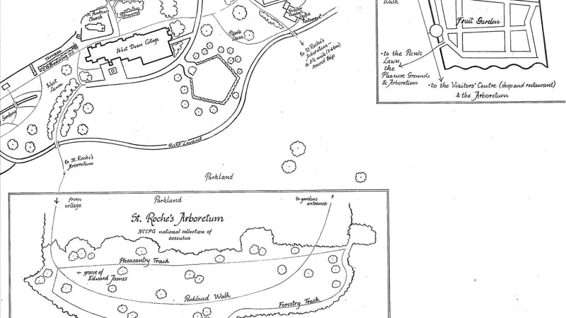 A map of West Dean Gardens depicting the route up to and around St Roche's Arboretum.