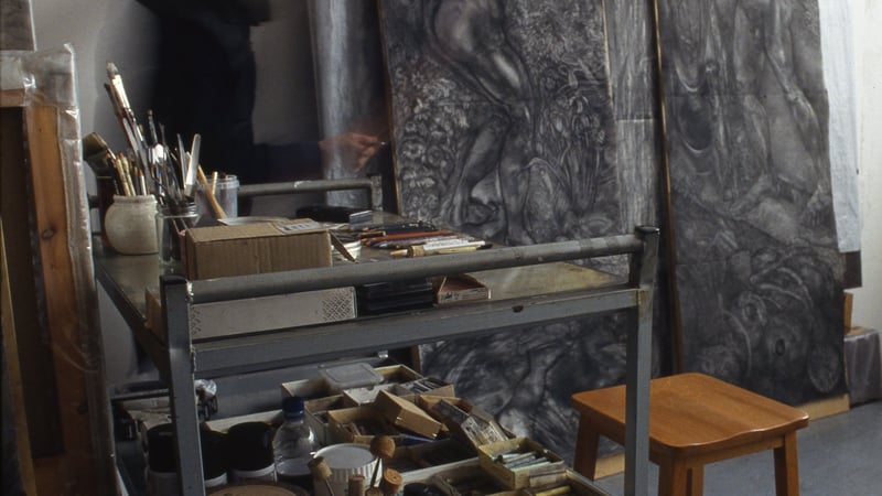 Installation view of studio with Self in Kidron and Eve in progress