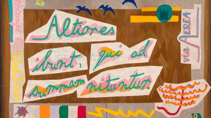 'Postcard to West Dean' hand-woven tapestry made at the West Dean Tapestry Studio, 1986