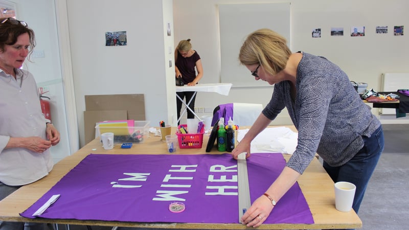 Banner Workshop. Left to Right: Rachel Johnston, Emma O'Driscoll, Rosemary Marley. Photo by Sarah Hughes 