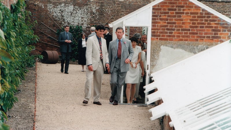 HRH The Prince of Wales tours the Victorian glasshouses with Jim Buckland, Gardens Manager at West Dean Gardens (August 1996)