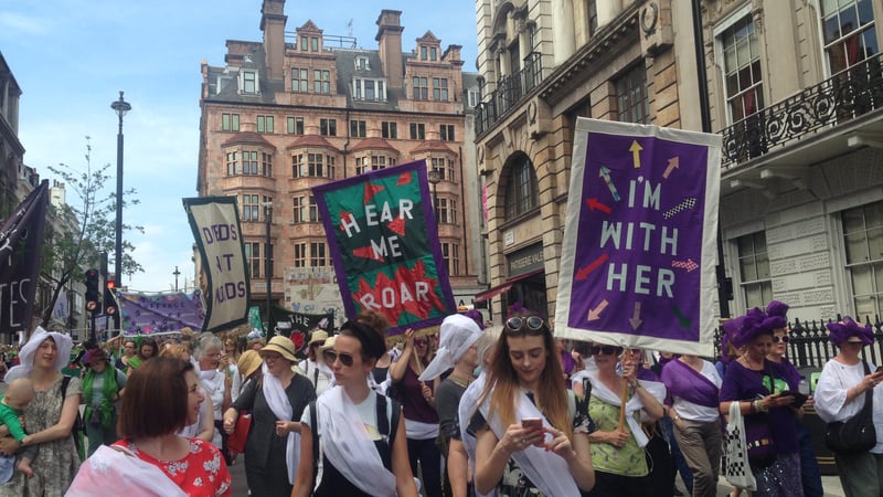 Processions 2018 with three banners made at West Dean College. Photo by Sarah Hughes