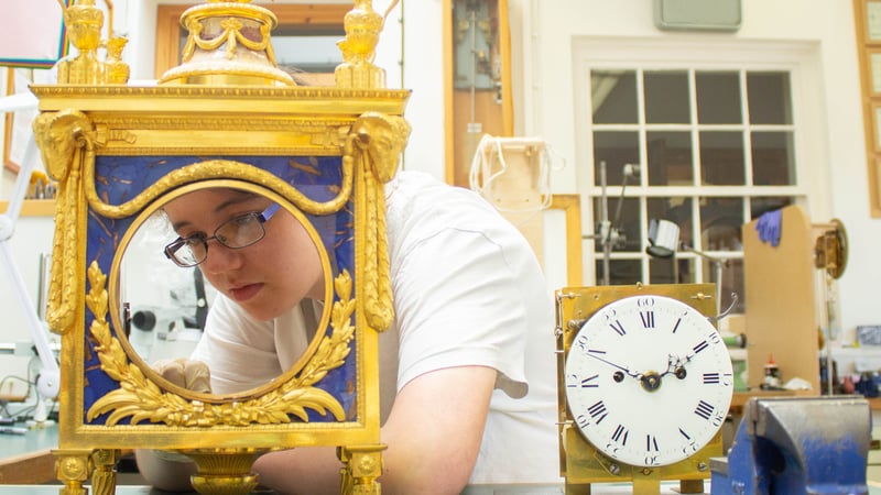Emmanuelle Sibley working on the Kings’ Clock. © West Dean College of Arts and Conservation