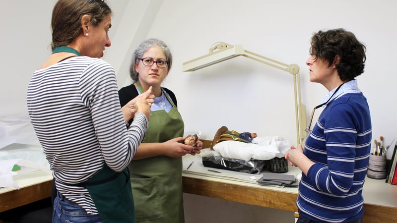 Conservation of Ceramics and Related Materials Programme Leader Lorna Calcutt, MA Conservation Studies student Andriani Maimaridou, and Workshop Associate Mariana Bareda