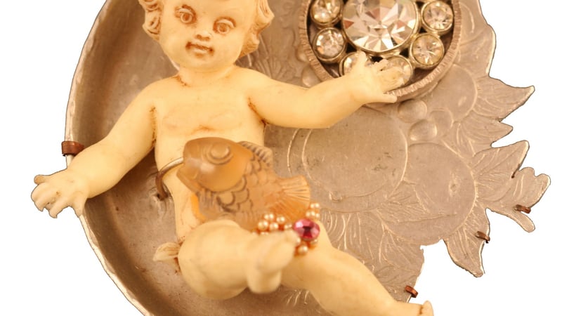 Brooch, mixed media, aluminium, pearls, stones, copper, ivory doll cutout