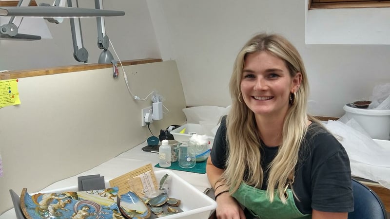 Elizabeth has been working on this Maiolica Dish from The Russell Cotes Museum.