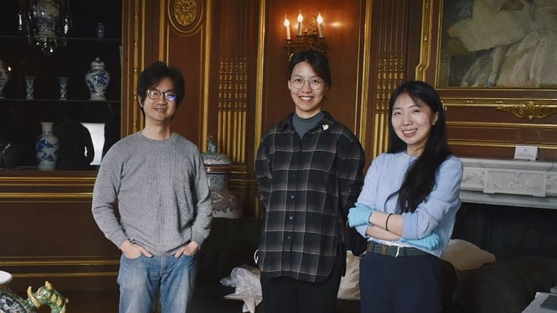 MA Conservation Studies students, from left to right, Rick Li, Rose Zhou, and Sujin Jung, in the Old Library at West Dean College