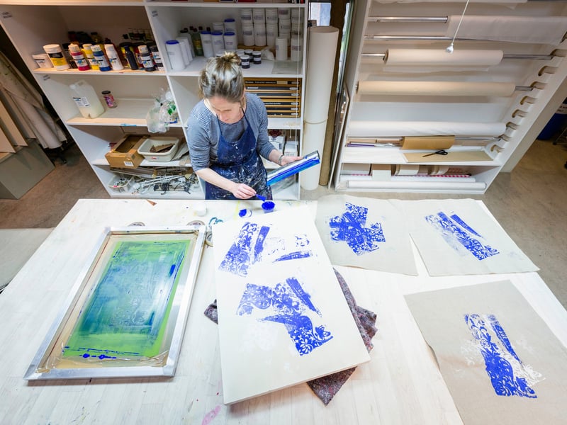 Philippa Clarke in art studio at West Dean College of Arts and Conservation