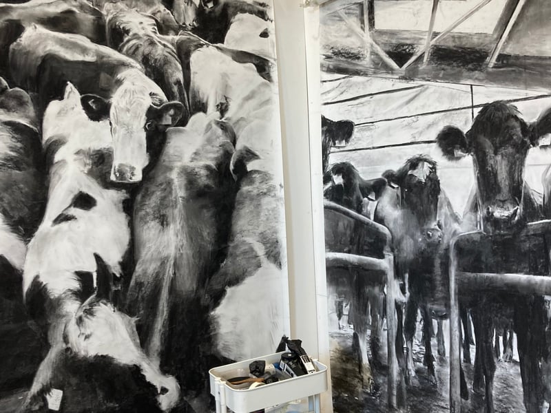 Work in progress on the studio wall in the Edward James Studios (a former barn) 