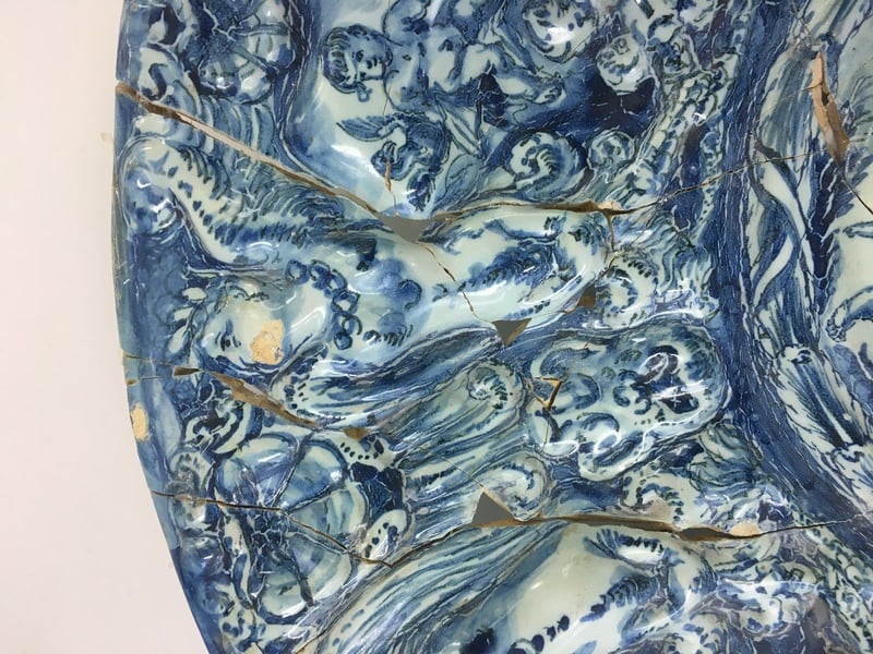 Conservation of Large maiolica dish at West Dean College of Arts and Conservation