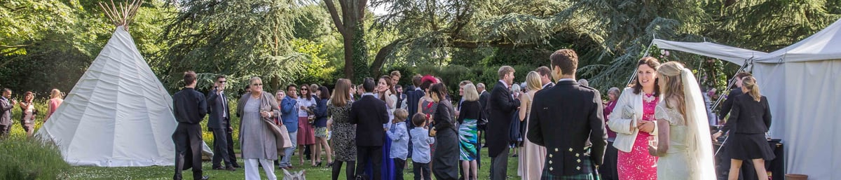 Wedding party on the picnic lawn at West Dean
