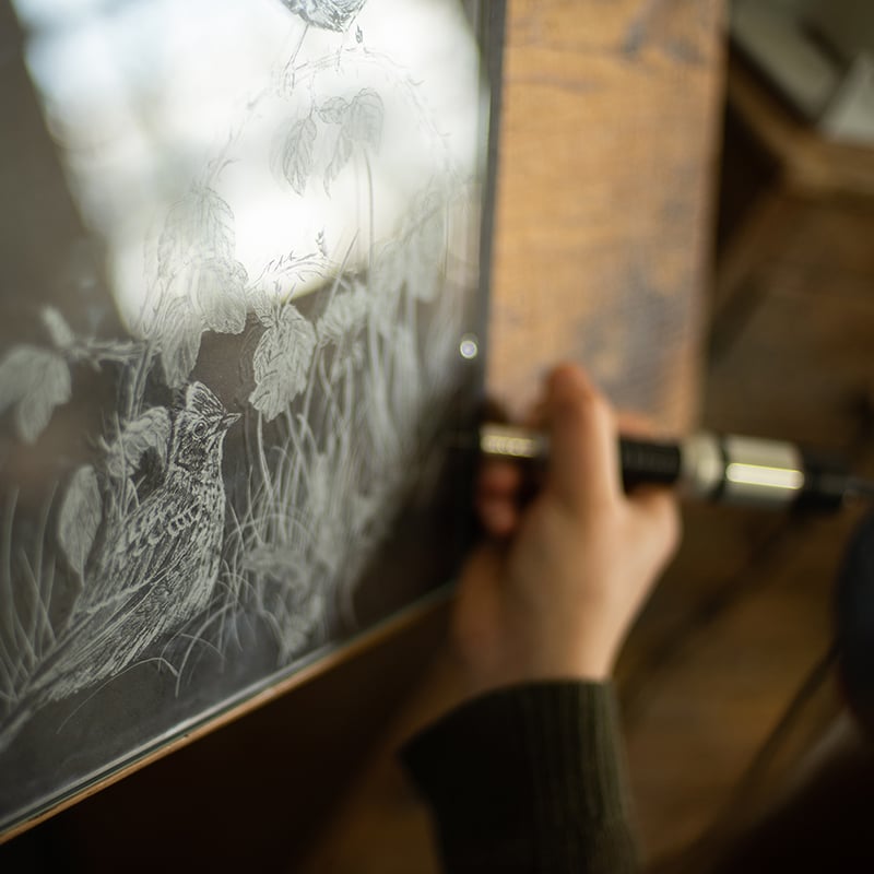 Phoebe Connolly working on Skylark test panel for Cherryburn. (Photo by Georjie Adams)
