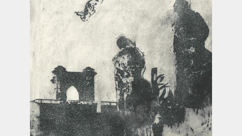 Four etchings with poem, terracotta, steel, pigment, gold leaf, plaster, paper 