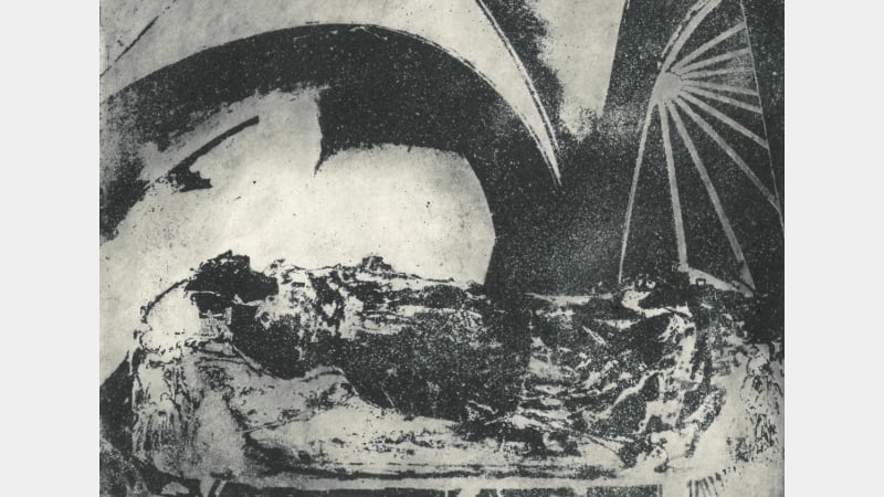 Four etchings with poem, terracotta, steel, pigment, gold leaf, plaster, paper 