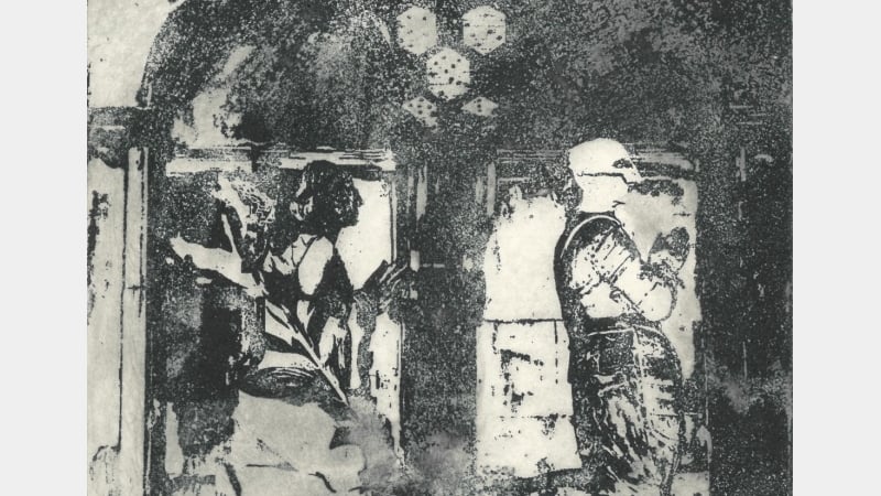 Four etchings with poem, terracotta, steel, pigment, gold leaf, plaster, paper 