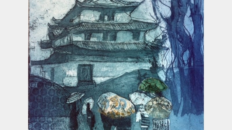 Umbrellas in Tokyo, Etching with chine collé.