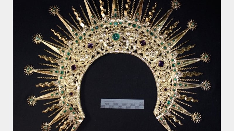 Colonial Glow Halo Crown Our Lady of Sorrows, Repousse 925 Silver Gilt. 18th century, Cultural Museum of Religious Art of Mompox