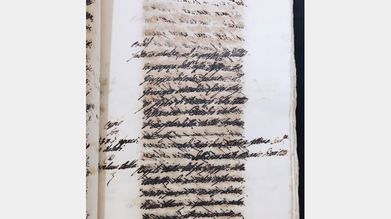 Detail of manuscript after treatment. Text is now layered with a thin Japanese tissue to stabilise the paper substrate (R411/12, Notarial Archives Malta). 