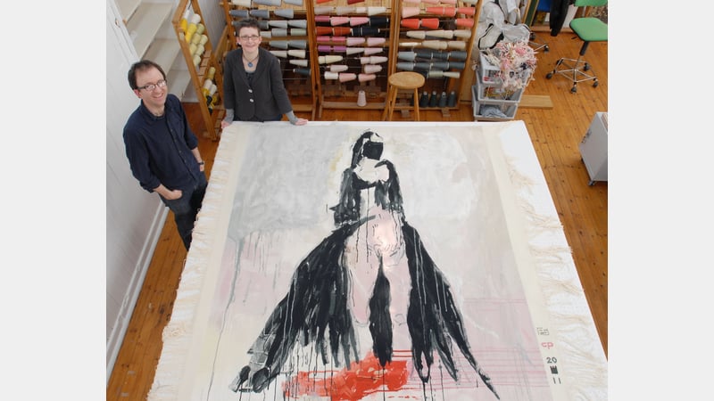 Philip Sanderson and Black Cat tapestry cutting off at West Dean College