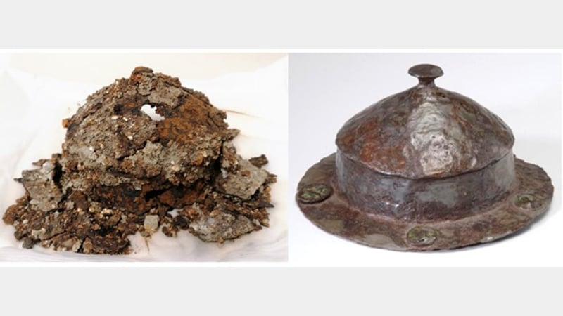 Fig 1 : Left – Iron shield boss from Worthing Museum in need of conservation. Right – Example of a conserved shield boss from the Netherlands.