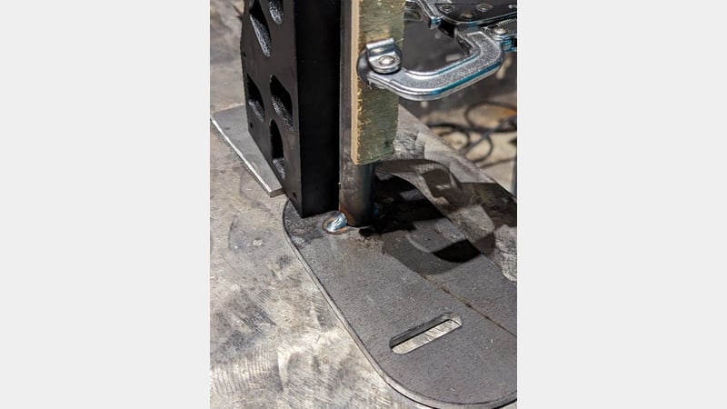 Figure 6. Jig securely holding components of the leg during welding.