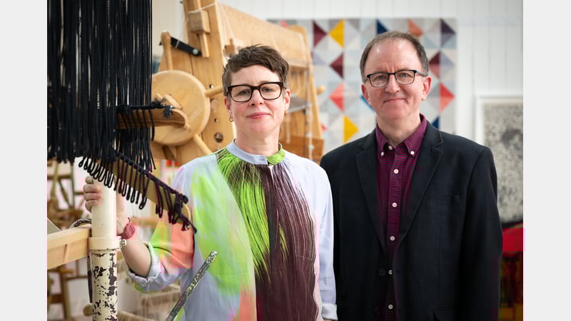 Eva Rothschild with Philip Sanderson at West Dean Tapestry Studio