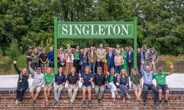 Pictured: Anna Gough-Yates (Chief Executive and Principal), Ian Graham (Director of Estate) and Maddy Crews (West Dean Ranger) pictured with South Downs National Park Authority, other partners and trail users at the official opening event.