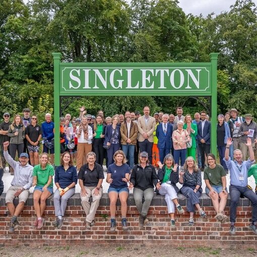 Pictured: Anna Gough-Yates (Chief Executive and Principal), Ian Graham (Director of Estate) and Maddy Crews (West Dean Ranger) pictured with South Downs National Park Authority, other partners and trail users at the official opening event.